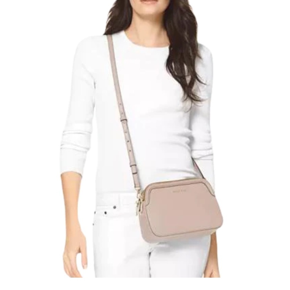Michael Kors Crossgrain Leather Double Zip Crossbody Soft Pink Gold Tone EUC